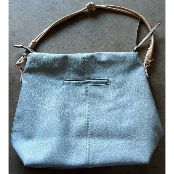 London Fog Travel Bag Houndstooth Brwn Barrel Duffle Leather Light Blue Bag - Picture 10 of 14